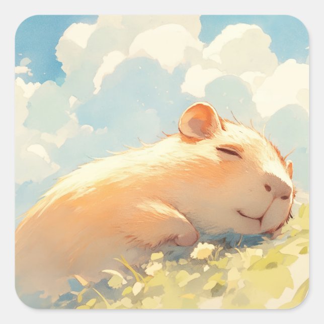 Capybara Cuddles in the Grass Square Sticker (Front)