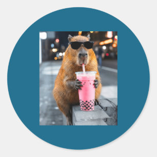 Capybara drinking iced boba tea funny animal meme classic round sticker