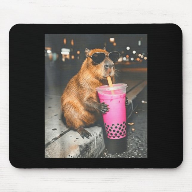 Capybara drinking iced boba tea funny animal meme mouse pad (Front)