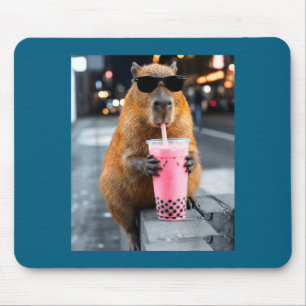 Capybara drinking iced boba tea funny animal meme mouse pad