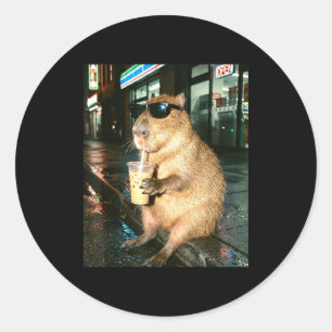 Capybara drinking iced coffee, capybara photo meme classic round sticker