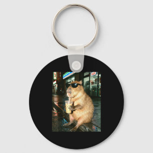 Capybara drinking iced coffee, capybara photo meme key ring