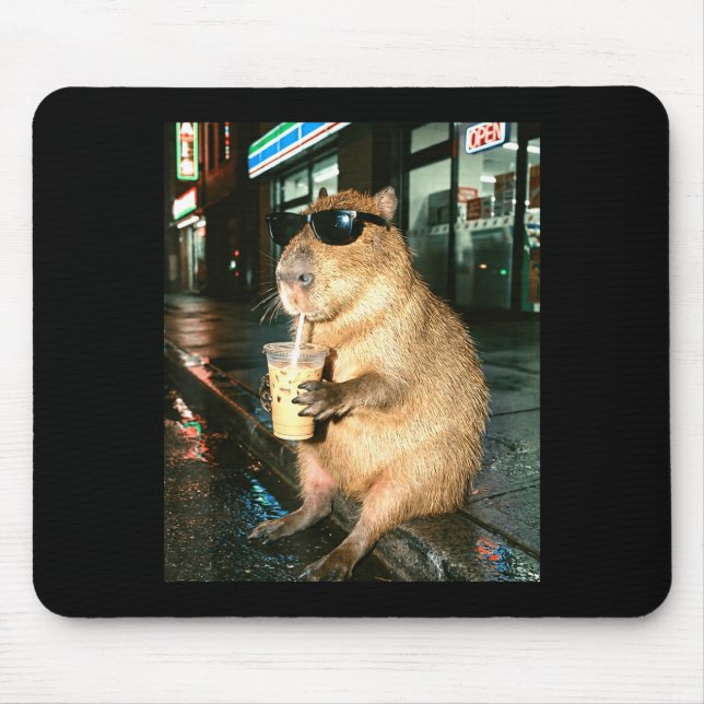Capybara drinking iced coffee, capybara photo meme mouse pad (Front)