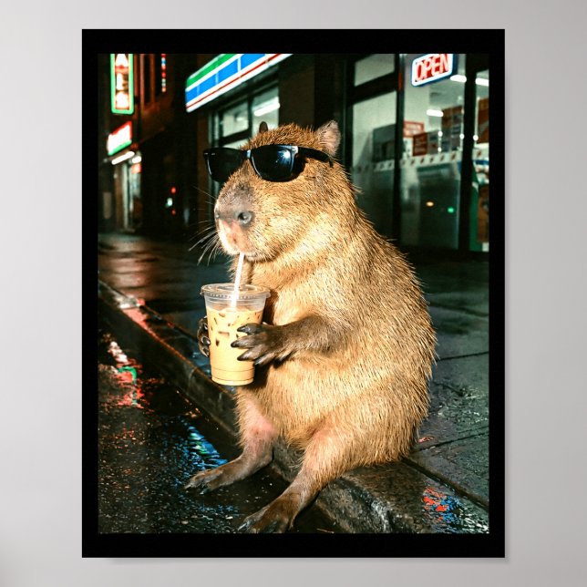 Capybara drinking iced coffee, capybara photo meme poster (Front)