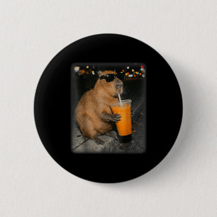 Capybara drinking iced coffee funny animal meme  6 cm round badge