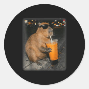 Capybara drinking iced coffee funny animal meme classic round sticker