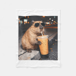 Capybara Drinking Iced Coffee Funny Animal Meme Fleece Blanket