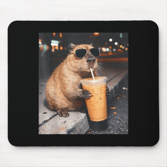 Capybara Drinking Iced Coffee Funny Animal Meme Mouse Pad (Front)