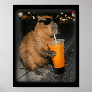 Capybara drinking iced coffee funny animal meme  poster