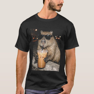 Capybara Drinking Iced Coffee Funny Animal Meme T-Shirt