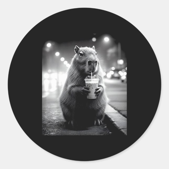 Capybara drinking iced coffee funny animals meme classic round sticker (Front)