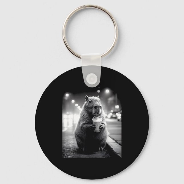 Capybara drinking iced coffee funny animals meme key ring (Front)