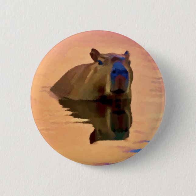 Capybara Emerging From a Tranquil Lake 6 Cm Round Badge (Front)