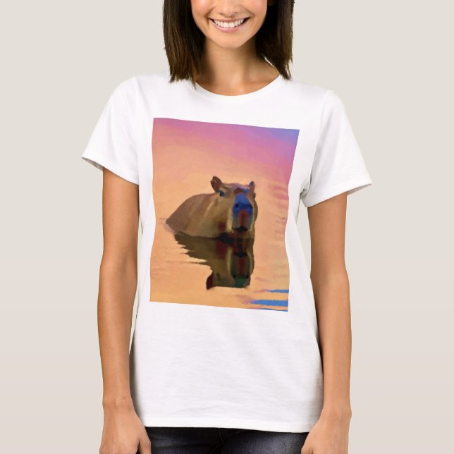 Capybara Emerging From a Tranquil Lake Art T-Shirt (Front)