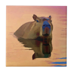 Capybara Emerging From a Tranquil Lake Ceramic Tile