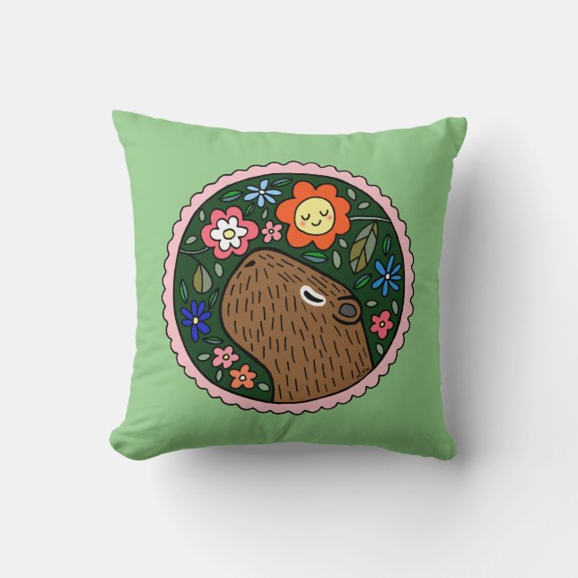Capybara Graphic Cute capybara with flowers  Cushion (Front)
