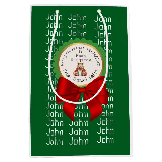 CAPYBARA green XMAS NAME EDITABLE  Medium Gift Bag (Front)