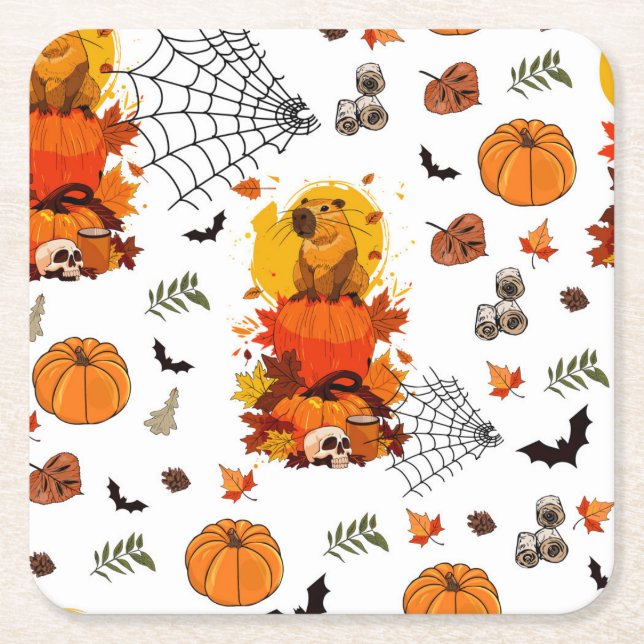 Capybara Halloween.  Witch Pumpkin.  Square Paper Coaster (Front)