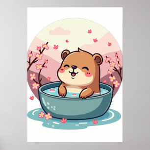 Capybara Hot Tub Relaxation Cherry Blossom Poster