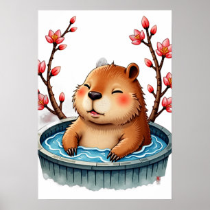 Capybara Hot Tub Relaxation Cherry Blossom Zen Spa Poster
