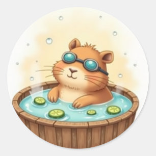 Capybara Hot Tub Relaxation Cucumber Slice Zen Spa Classic Round Sticker