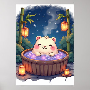 Capybara Hot Tub Relaxation Kawaii Night Spa Stick Poster