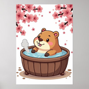 Capybara Hot Tub Relaxation Kawaii Sticker Cottage Poster