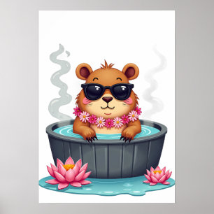 Capybara Hot Tub Relaxation Kawaii Sticker Nature Poster