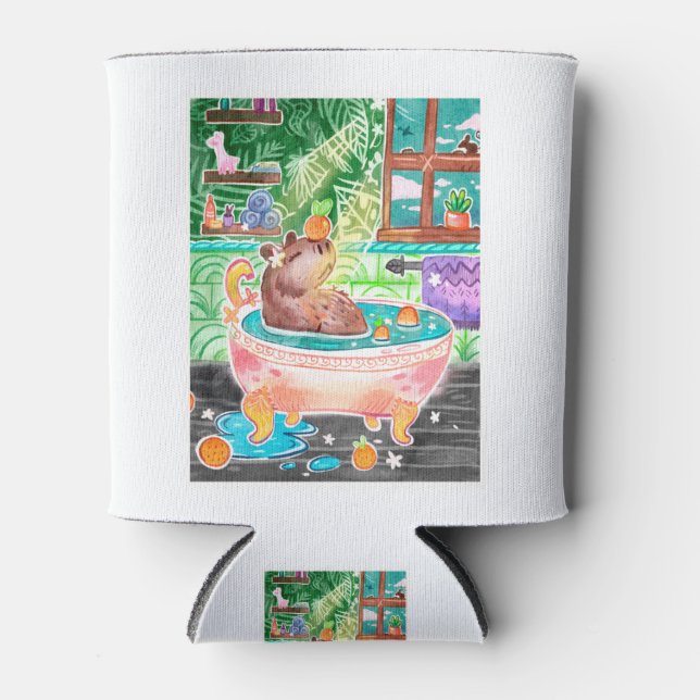 Capybara in Bath Tub with Oranges Can Cooler (Front)