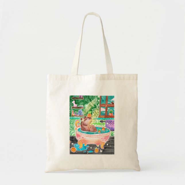 Capybara in Bath Tub with Oranges Tote Bag (Front)