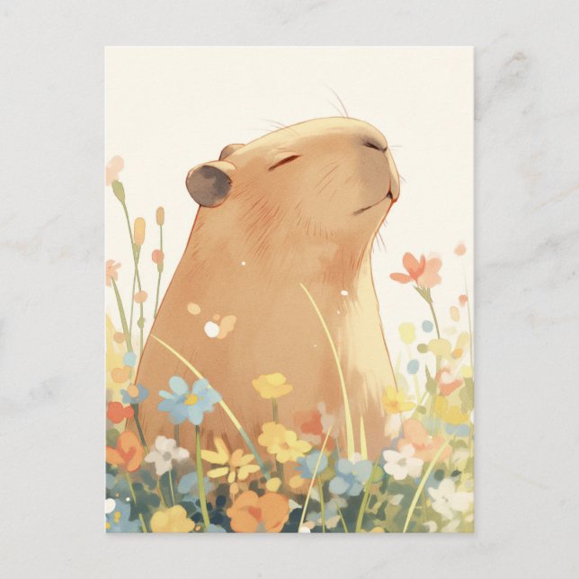 Capybara in Colorful Summer Wildflower Meadow Postcard (Front)