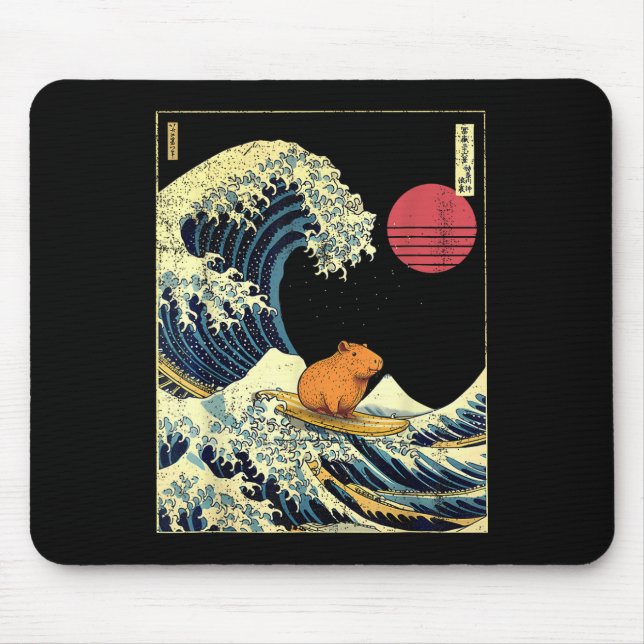 Capybara Japanese Kanagawa Wave Funny Surf Animal  Mouse Pad (Front)
