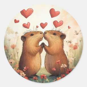 Capybara Love - A Romantic Meadow Moment Classic Round Sticker