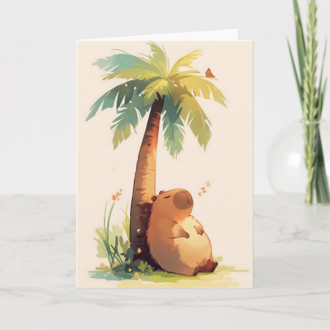 Capybara Napping Under Palm Tree Card (Front)