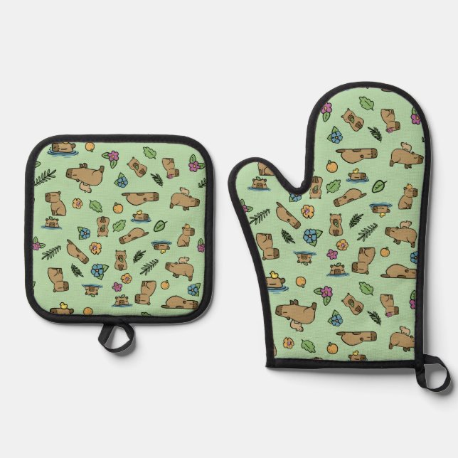 Capybara Oven Mitt & Pot Holder Set (Front)