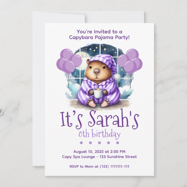 Capybara Pajama Birthday Party Invitation  (Front)