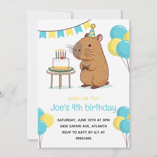  Capybara Party Invitation capybara Birthday Party (Front)