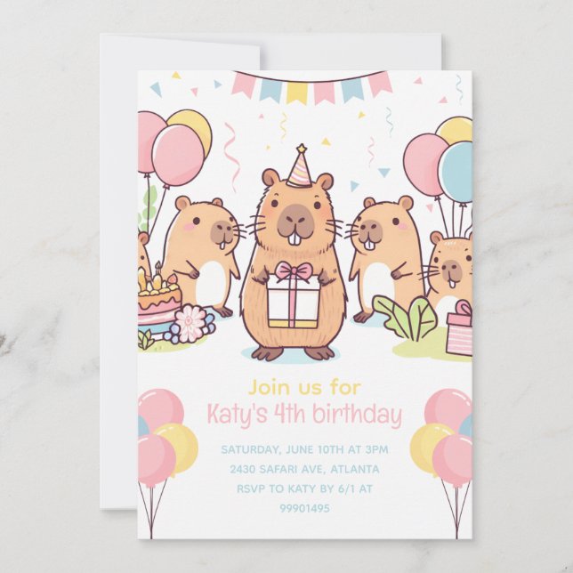  Capybara Party Invitation capybara Birthday Party (Front)