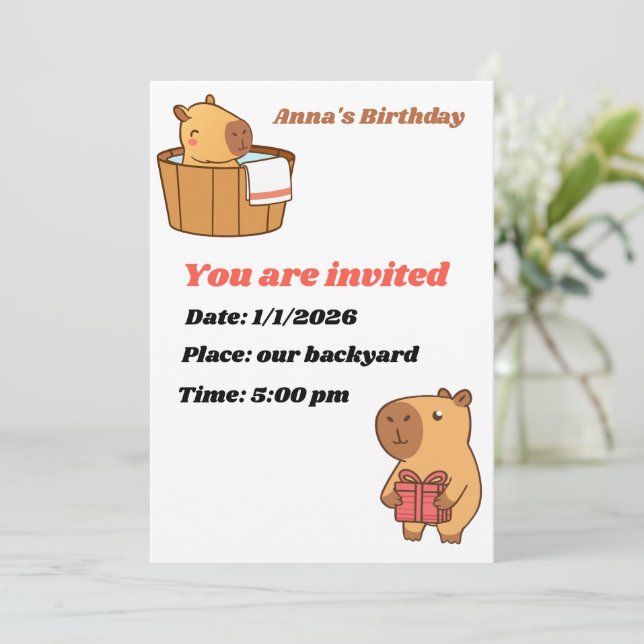 Capybara Party Invitation Card | Cute Birthday (Standing Front)