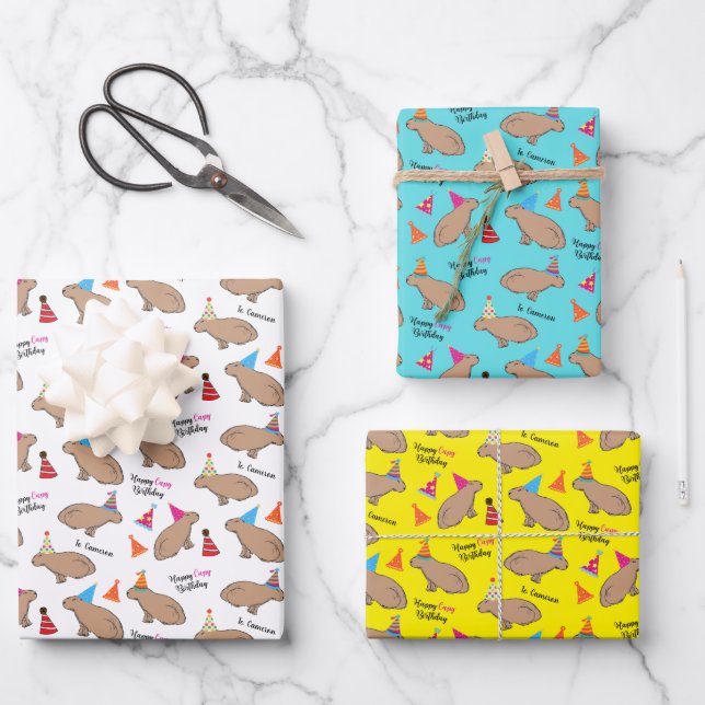 Capybara Personalised Birthday Hand-Illustrated Wrapping Paper Sheet (Front)