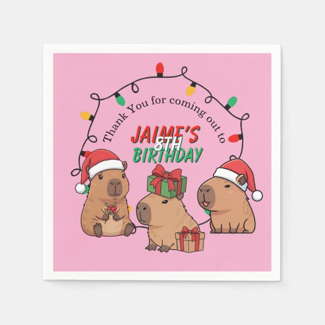 Capybara Pink Christmas Holiday Birthday Napkin (Front)