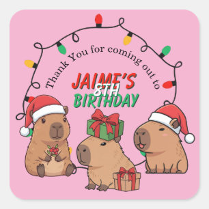 Capybara Pink Christmas Holiday Birthday Square Sticker