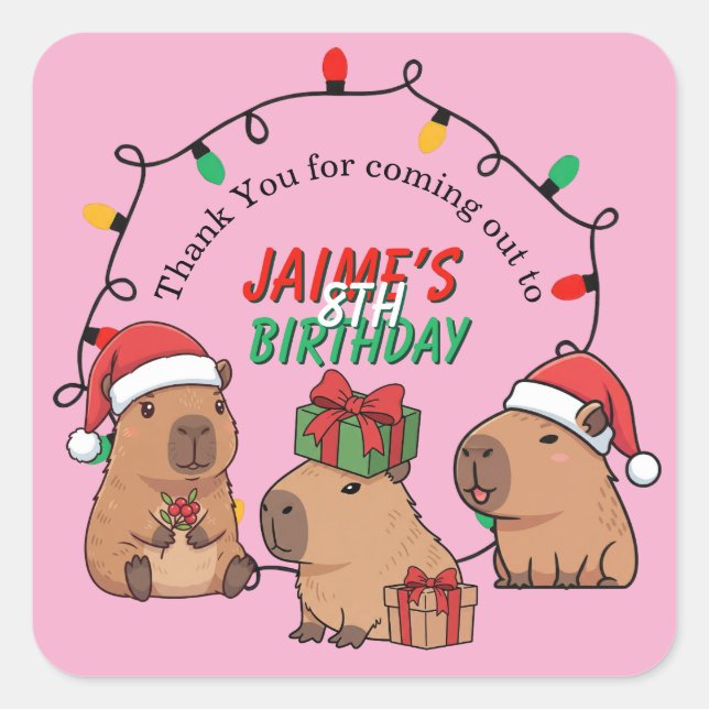 Capybara Pink Christmas Holiday Birthday Square Sticker (Front)