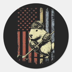 Capybara Playing Hockey American Flag Capybara Hoc Classic Round Sticker