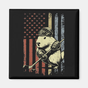 Capybara Playing Hockey American Flag Capybara Hoc Magnet