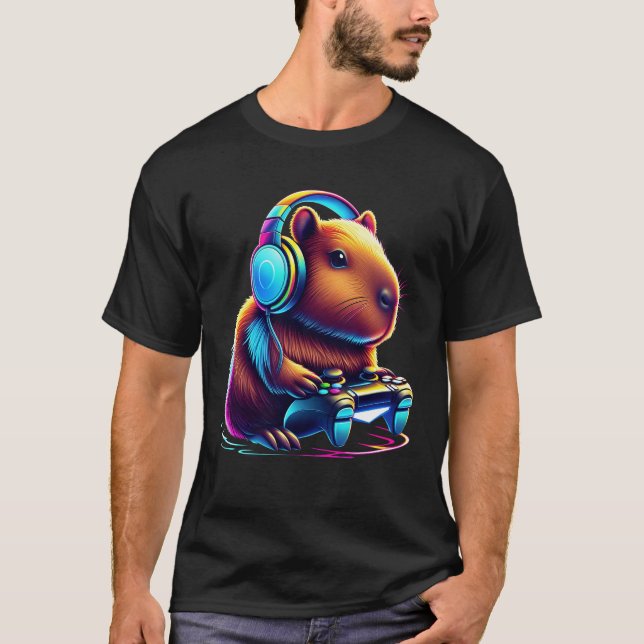 Capybara Playing Video Game Funny Capy Controlling T-Shirt (Front)
