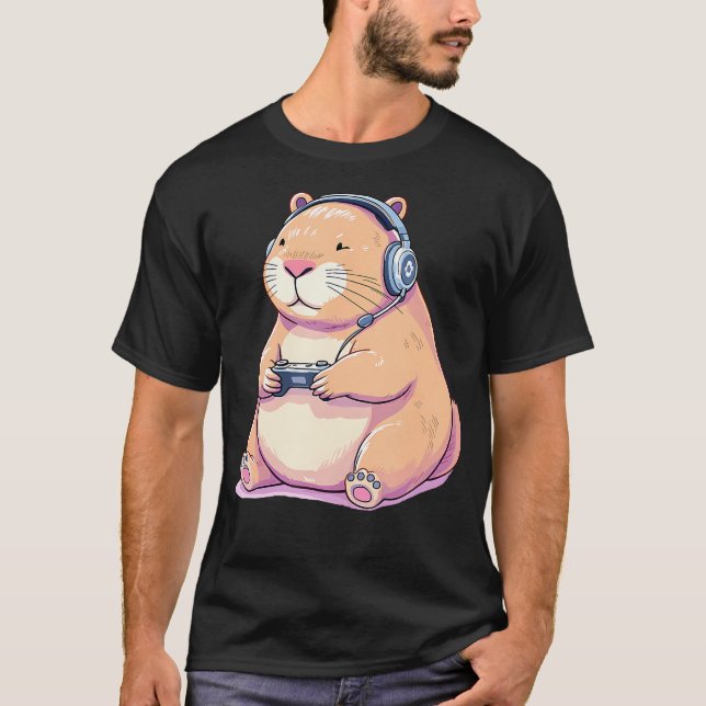Capybara Playing Video Games Funny T-Shirt (Front)