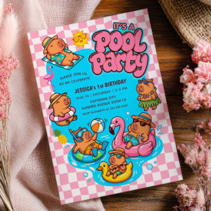 Capybara Pool Party Checkered Pink 1st Birthday Invitation