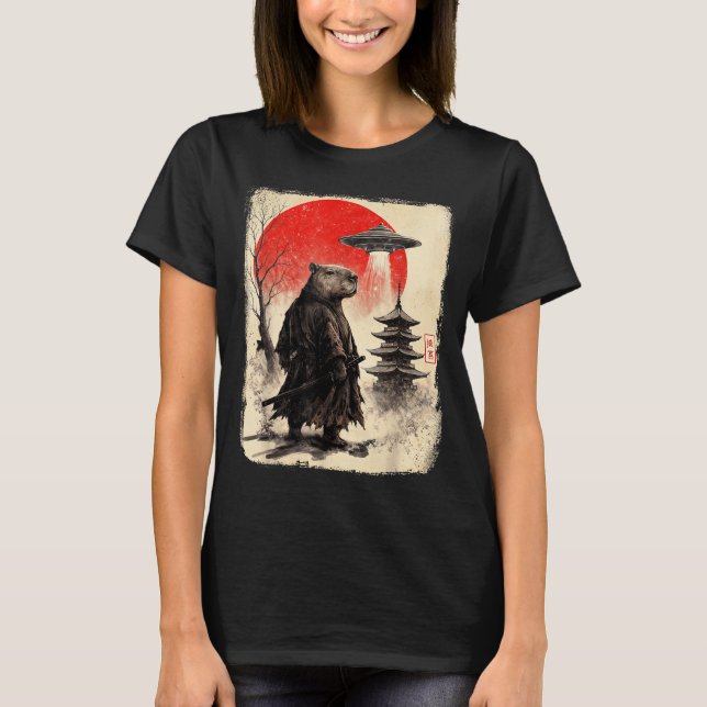 Capybara Samurai Retro Ufo Japanese Warrior Tenshu T-Shirt (Front)
