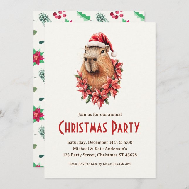 Capybara Santa Hat Poinsettias Christmas Party Invitation (Front/Back)